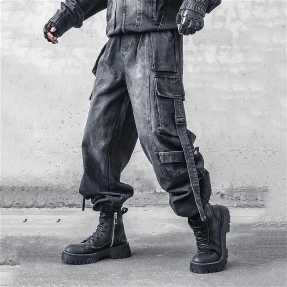 Men Cargo Baggy Jeans Punk Hip Hop Black Denim Sweatpants Washed Vintgae Street Casual Pants Pantalones Hombre Mens Clothing