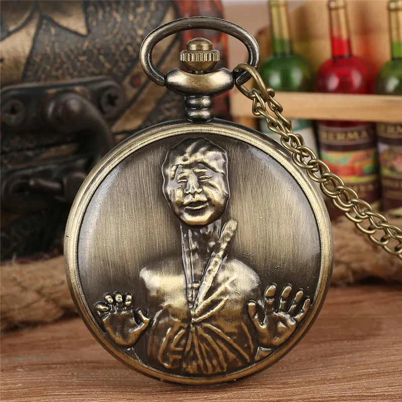 Retro Bronze Carved Long Neck Design Men Women Pendant Quartz Pocket Watch Necklace Sweater Chain Arabic Number Display Clock