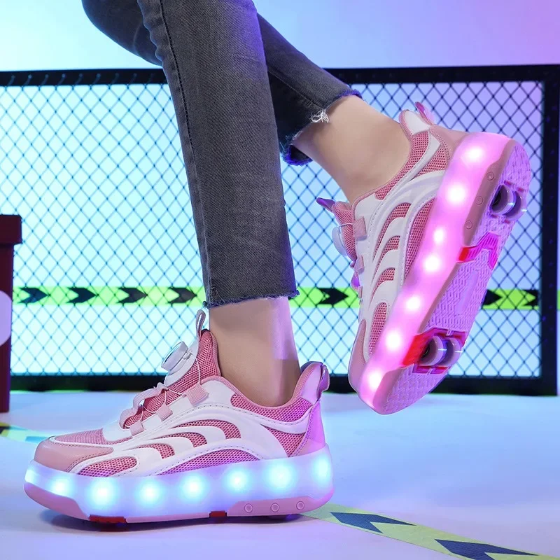 

Детская обувь для роликовых коньков с двойными колесами, модная спортивная обувь со светодиодной подсветкой для отдыха, уличные кроссовки для скейтбординга для мальчиков и девочек