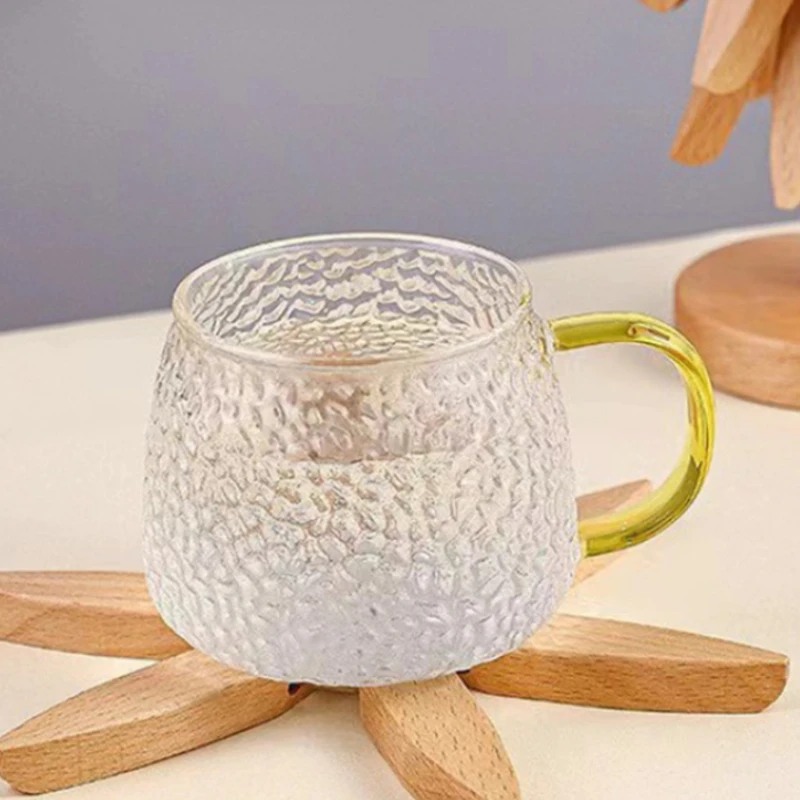 330ml Tea Cup with Yellow Handle Hammer Patterned Glass Mug Creative Beer Glass Classic Heat-resistant Water Cup Hospitality Mug