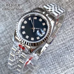 BLIGER 26mm  NH05A Automatic Ladies Watch Sapphire Glass Silver Gold Fluted Bezel Black Dial Diamond Index Steel Bracelet