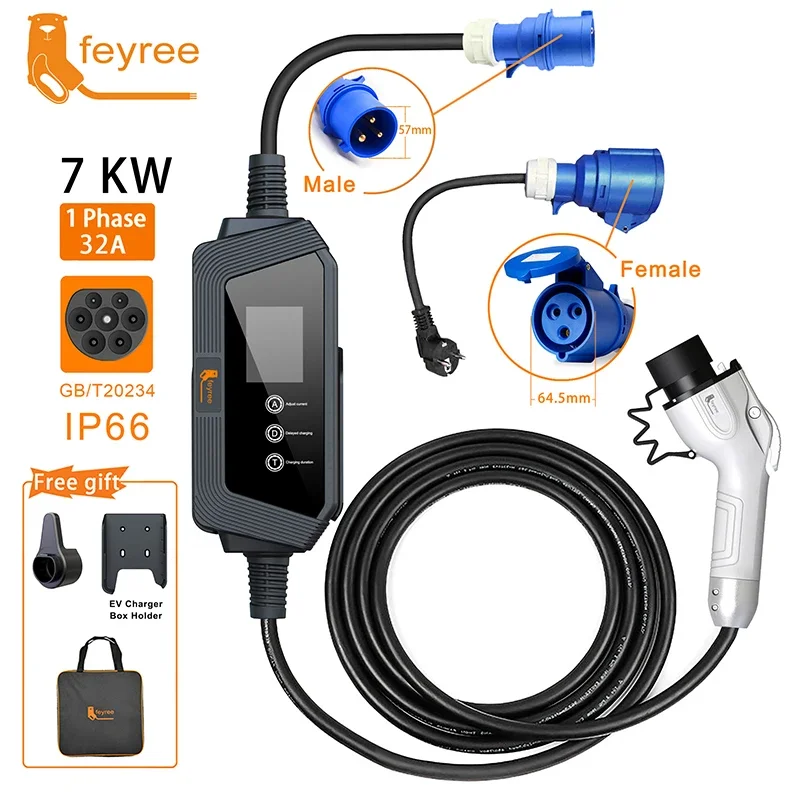 Feyree ev carregador portátil 7kw 32a 1 fase gbt carregador 5m cabo com plugue cee para veículo elétrico carregador de carro caixa de carregamento