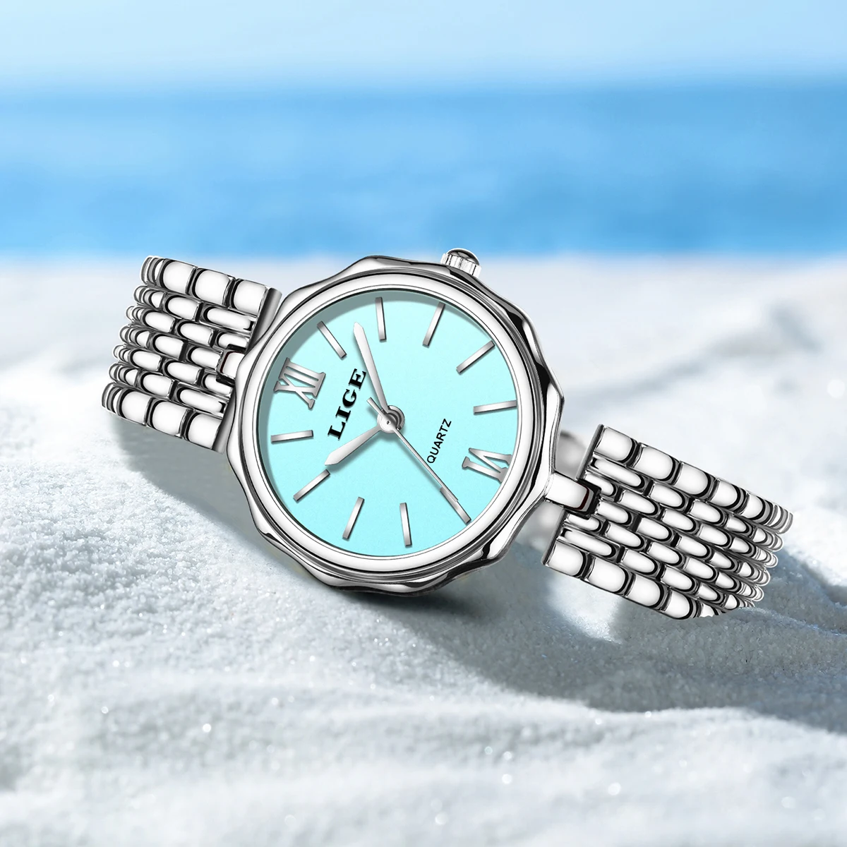 ساعة كوارتز عصرية للنساء من LIGE بسيطة وأنيقة بمينا مربع وحزام من الفولاذ المقاوم للصدأ باللون الذهبي مقاومة للماء ساعات عمل ترفيهية + صندوق #2