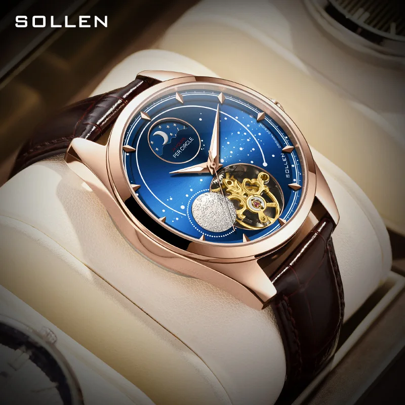 

SOLLEN Brand Fashion Moon Phase Automatic Watch for Men Leather Strap Waterproof High-end Tourbillon Mechanical Watches Mens