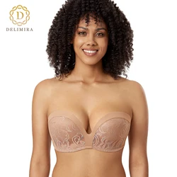 DELIMIRA Women's Strapless Bra Plunge Push Up for Big Busted Lace Slightly Lined Support Lift Plus Size D DD E F