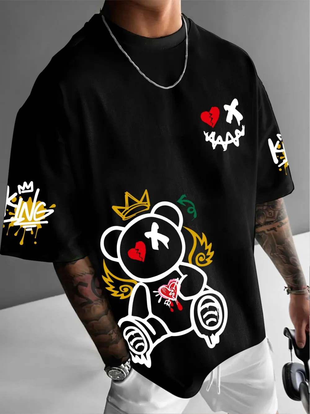 American Men's Summer Trend Teddy Bear Smiley Face Graffiti Print Micro Elastic Breathable Round Neck T-Shirt Outdoor Street Top