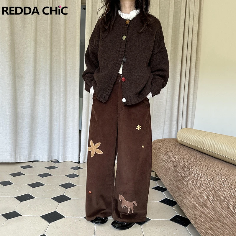 

REDDACHiC Kawaii вельветовые брюки с мультяшной аппликацией, модные винтажные широкие брюки с карманами и высокой талией, длинные брюки, повседневная осенняя одежда