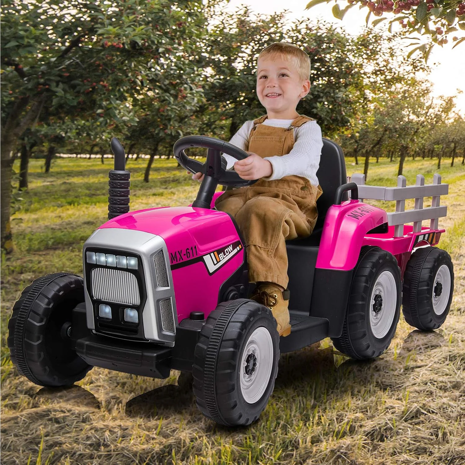 12V kinderrit op tractor met aanhangwagen en afstandsbediening elektrisch voertuig auto 2+1 versnellingspook, muziek voor kinderen van 3-6 jaar 25W