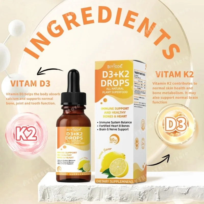 Gotas Líquidas de Vitamina D3 K2, 60 ml, Sabor a Limón, Suplemento Diario de Bienestar para Adultos, Apoyo para Huesos y Calcio, Gotero Fácil