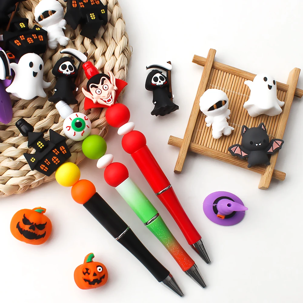 5/10/20pcs Halloween Theme 3D Silicone Beads Wizard Pumpkin Silicone Focal Beads for DIY Crafts Pens Keychains Handmade Gifts