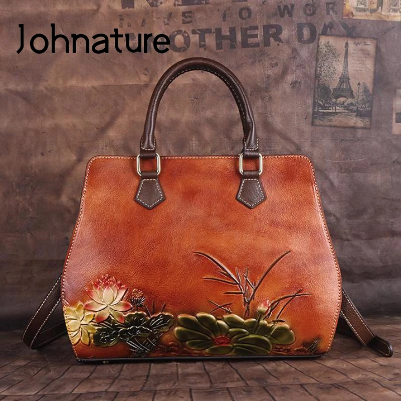 Johnature Handmade First Layer Cow Leather Women Bag 2024 New Vintage Embossing Shoulder Bags Large Capacity Leisure Handbag