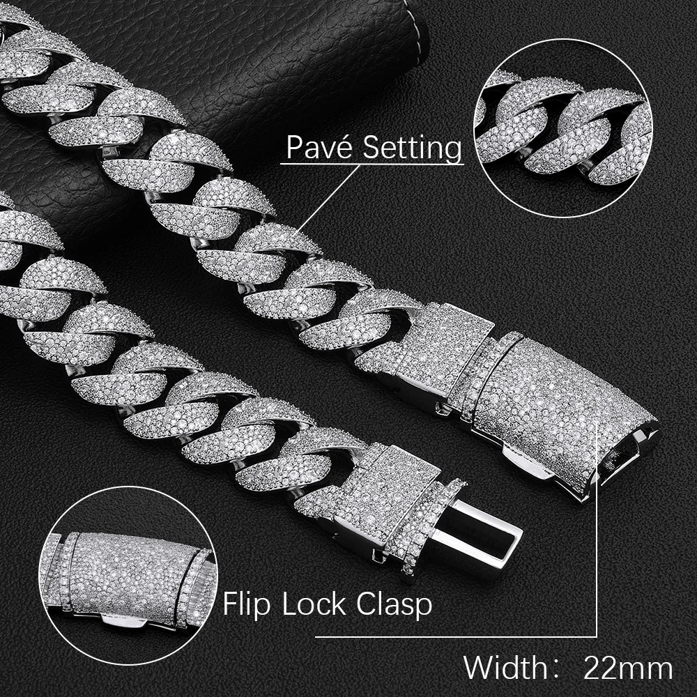 Nuoya 22MM Iced Out Cuban Link Chain Necklace Bracelet For Men Women Brass 5A Cubic Zirconia Luxury Hip Hop Jewelry