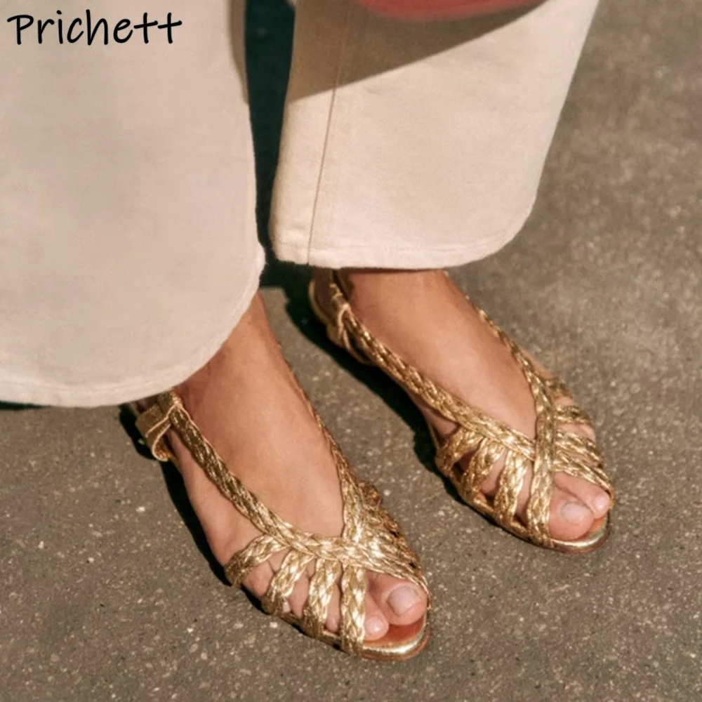 

Weave Hollow Retro Sandals Burgundy Golden French Style Flat with Leather Shoes Peep Toe Summer Women's Vocation Dress Sandals