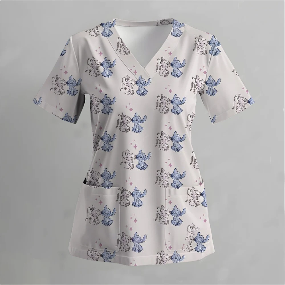 Disney Stitch Christmas Nurse Uniform Matte Women's Cartoon Deer Print Short Sleeve Pocket Work Uniform Medical Uniform