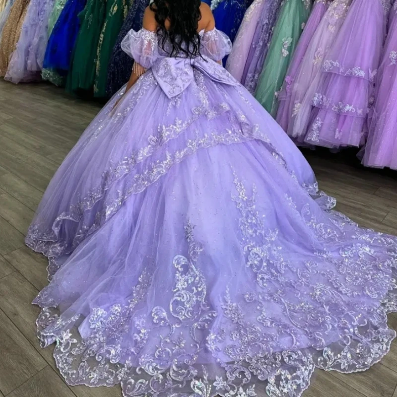 Customized Lilac 15 Year Girl Quinceanera Dress Ball Gown Cap Sleeve Lace Applique Bow Long Women Prom Birthday Party Dress 2025