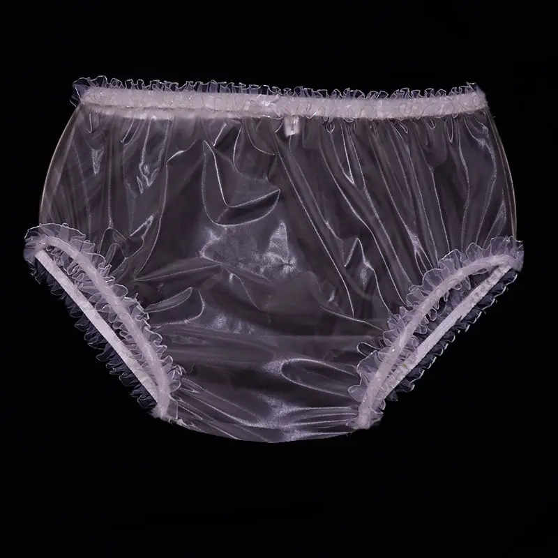 Ultra-soft Transparent Plus Size High Waist Plastic Panties Lace Trim ABDL Loose Leak-proof PVC Plastic Briefs Women Homewear