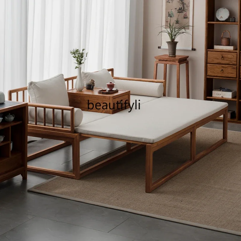 

New Chinese-style all-solid wood sliding bed chaise longue old elm zen living room sofa bed dual-purpose