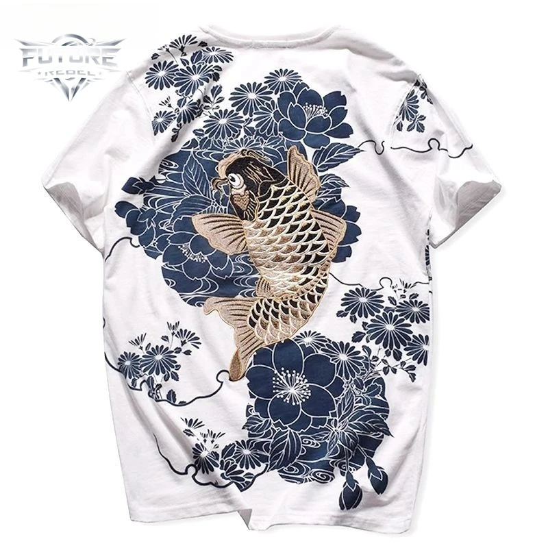 Mens T Shirt Cotton Koi Fish Embroidery Chinese Style Harajuku Unisex Loose Fit Plus Size Casual Streetwear Summer Fashion Trend
