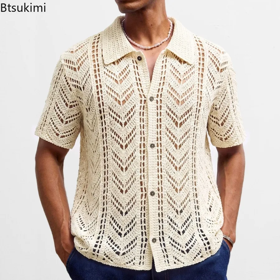 New Men's Sexy Mesh Crochet Cardigans Summer Short Sleeve Polo Shirts Breathable Knitted Hollow Out Shirts Beach Vacation Tops