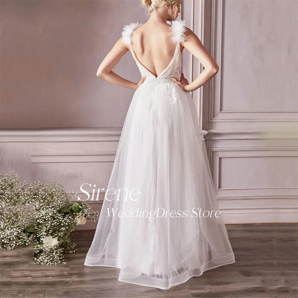 Sirene Sexy Lace Applique 3D Flowers Organza Wedding Dress A-line Deep V-neck Spaghetti Straps Floor Length Backless Bride Robes