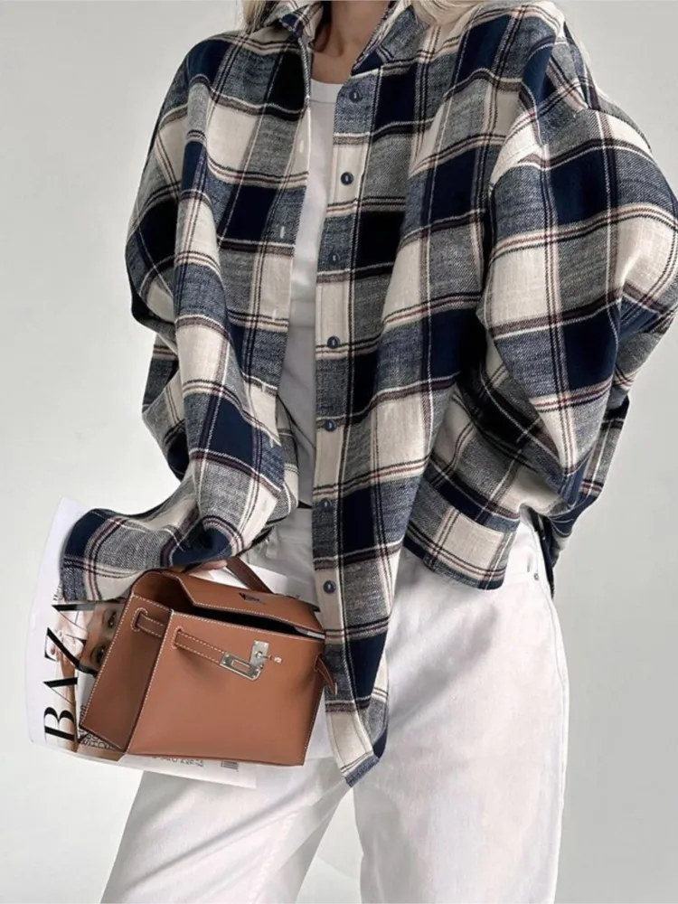 Spring New Cotton Plaid Long Sleeved Shirt Tops Women Loose Casual Fashion Lazy Style Large Plaid Shirt Autumn Coat