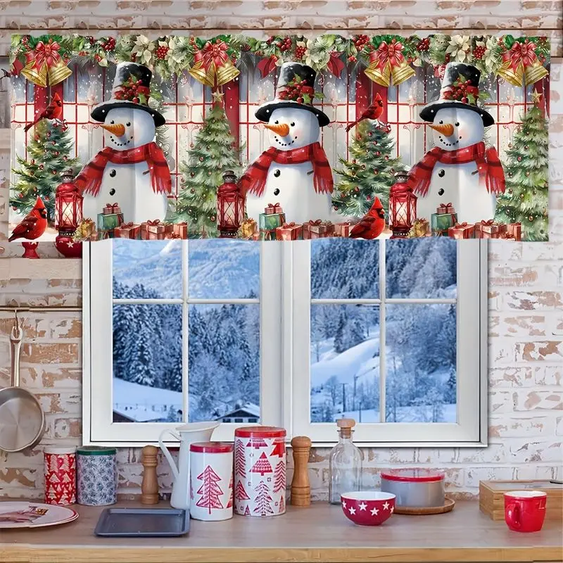 VIKAMA Christmas Window Valance Snowman Cardinal Red Lantern Print Kitchen Curtain Top Festive Holiday Winter Cozy Decor