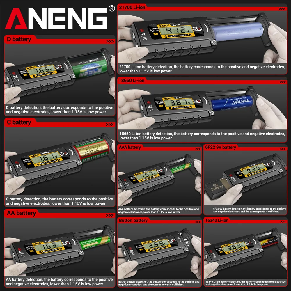 ANENG BT169 Digital Battery Testers Detector Multifunctional Quickly Measure Battery  AA/AAA/C/D/9V/1.5V Button Cell Measurement