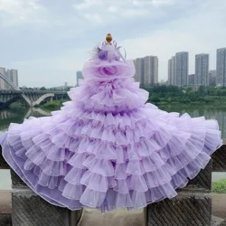 High-end Luxury Pet Dog Cats Clothes Fashion Handmade Violet Flowers Long Tail Party Princess Dress For Small Medium Dog Poodle