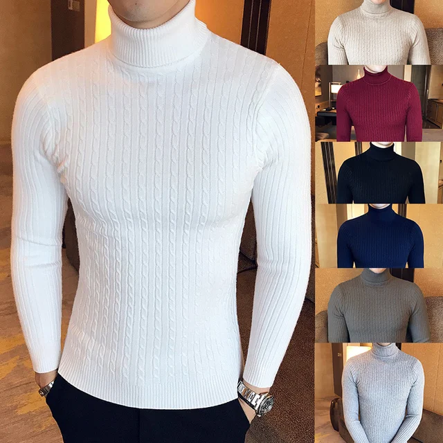 Zimowy gruby ciepły sweter z wysokim dekoltem męski sweter z golfem markowe męskie swetry Slim Fit sweter męski dzianina męski podwójny kołnierz