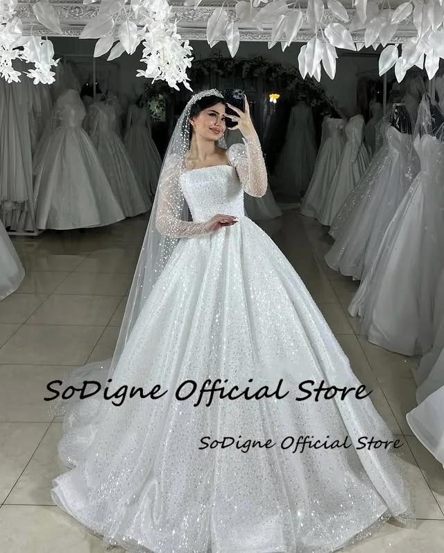 Sodigne a linha glitter vestidos de casamento gola quadrada mangas completas miçangas vestido de noiva robe de mairee ﻿ Personalizado