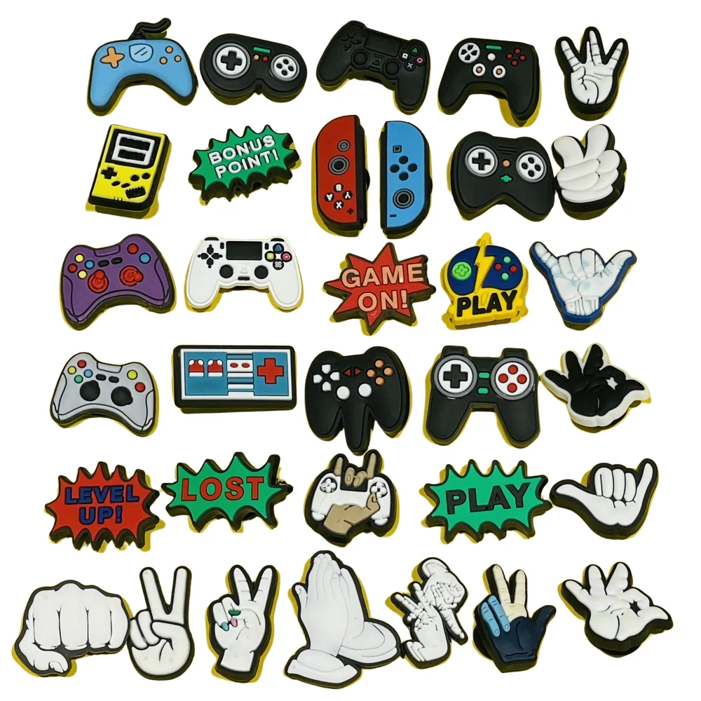 

33Pcs Cartoon Play Gamepad Bonus Point Gesture PVC Shoe Charms Garden Shoes Decorations for DIY Bracelets Accessories Kid Gift