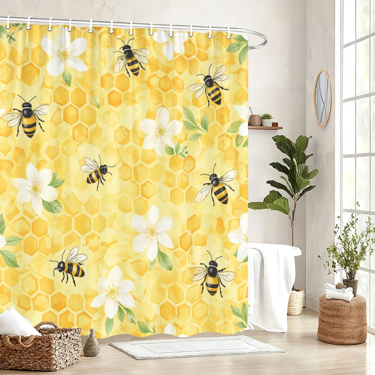 

Cute Bee Themed Polyester Shower Curtain - Fun Bathroom Decor, Lovely Bath Curtain with Honey & Floral Elements
