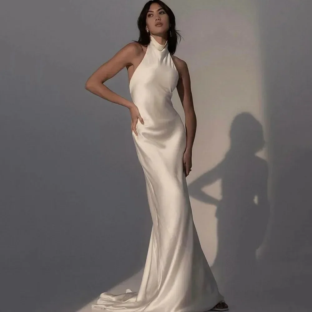 Sexy White Mermaid Evening Dress Halter Backless Sweep Train Stain Formal Prom Party Dresses Pageant Gowns robe de soriee