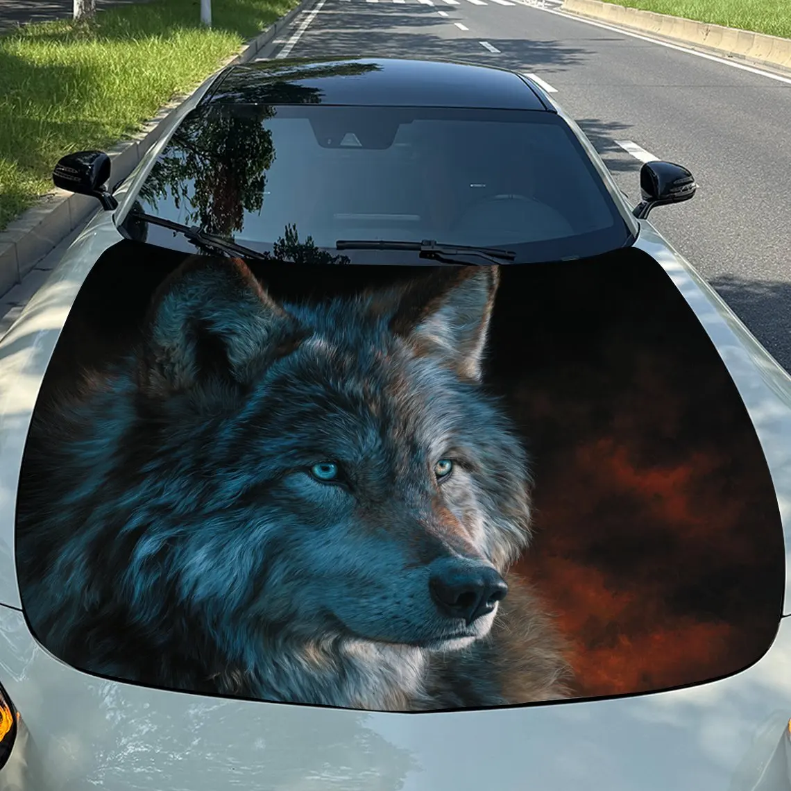 

Car Decals Wolf with a Striking, Fiery - Hued Artistic Appearance, Showcasing a Sharp and Vigilant Demeanor Car Hood Sticker, Wa