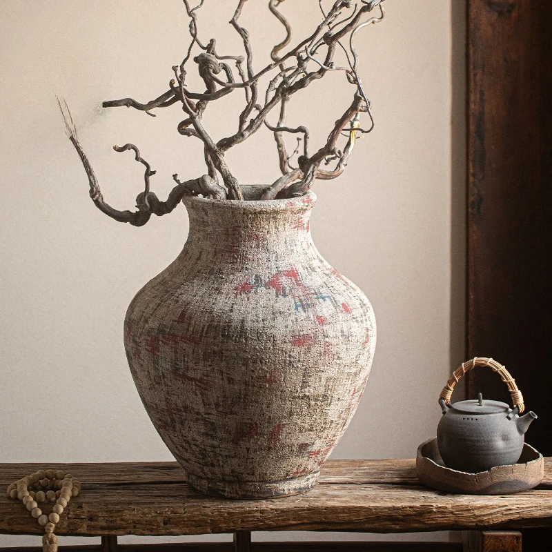 Old coarse pottery ceramic big belly entrance B & B decorative ornaments flower arrangement mountain hidden vase