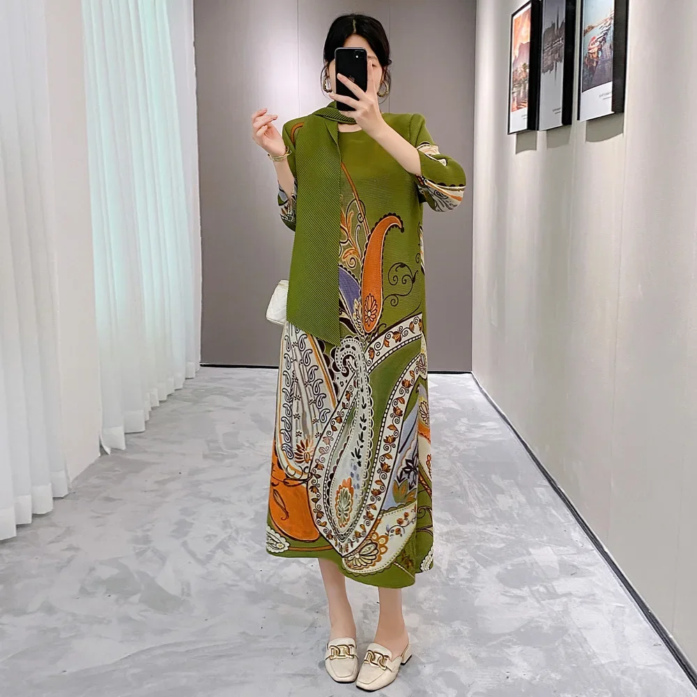 

Pleats Pleated Dresses High Street 2024 Fall Print Casual Maxi Temperament Loose Western Style Straight Dresses Long Dresses