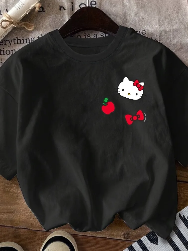 

Hello Kitty & Aloha Princess Apple Princess Bow Print T-Shirt Women's Casual Crew Neck Short Sleeve Top Suitable for All Seasons