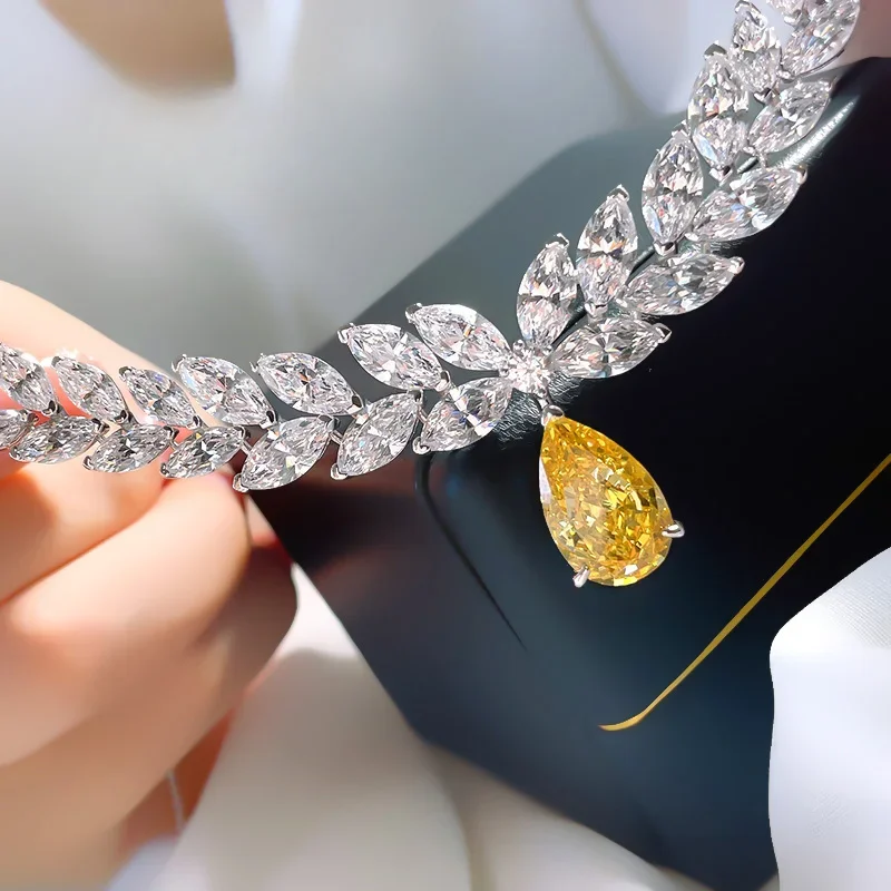 

Heavy Industry Luxury 12 Carat Yellow Diamond Drop Necklace Pendant 925 Silver Collar Chain High end Wedding Dinner
