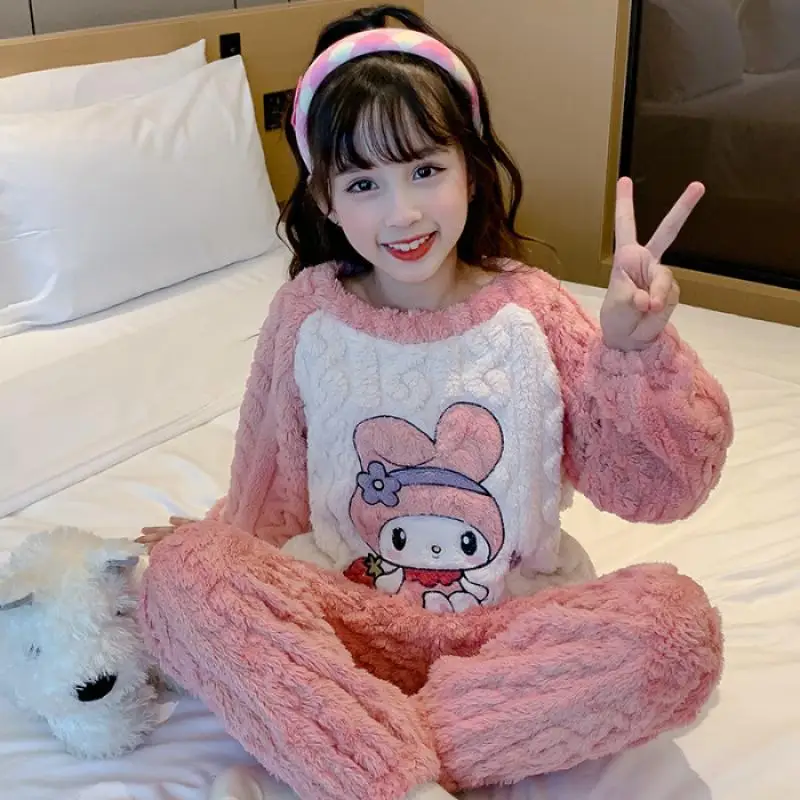 New Sanrios Child Pajamas Kawaii Cartoon Kuromi Autumn Winter Anime Figure Lounge Clothes Flannel Suit Thicken Girl Gift