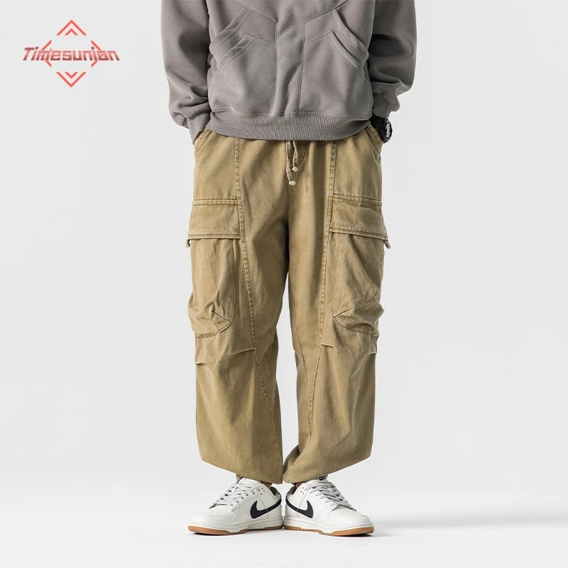 

High Quality 100% Cotton Twill Multi-Process Cargo Pants Streetwear Khaki Work Pants For Men Harajuku Tactical Joggers