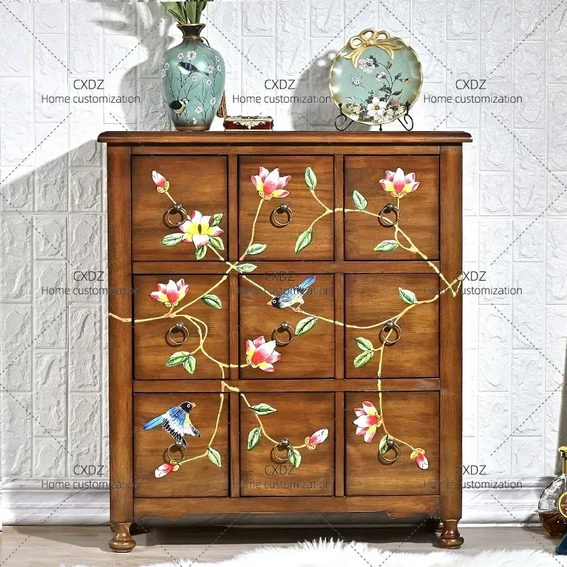 New Chinese Style Bucket Cabinet Fragrant Camphor Wood Retro Solid Wood Painted Storage Locker Side Cabinet Tea Cabinet