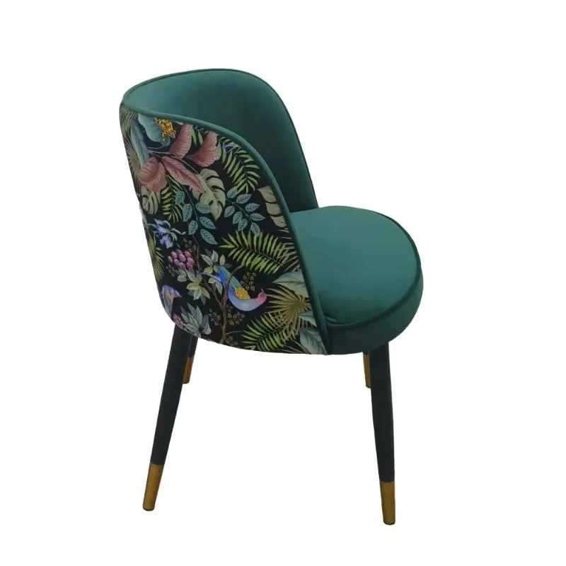 Modern Velvet Dining Chair With Tropical Print Backrest and Black Metal Legs for Commercial Restaurant Hotel Cafe