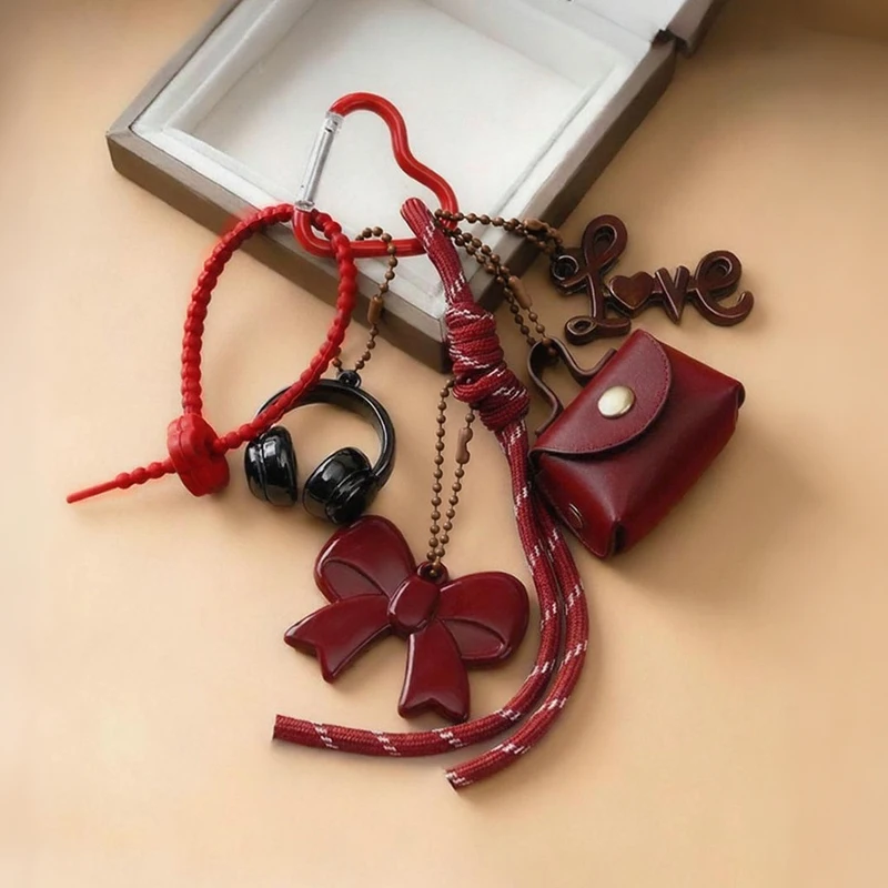 Exquisite Woven Maillard Bow Rope Pendant Earphone Gifts Mini Bow Leather Ornaments Key Chain Bag Accessories for Women