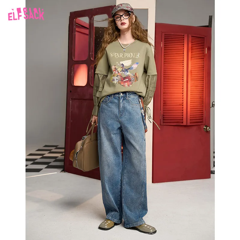 ELFSACK 2024 Autumn New Arrive Black puff sleeves stitching print loose thin round neck sweatshirt for women