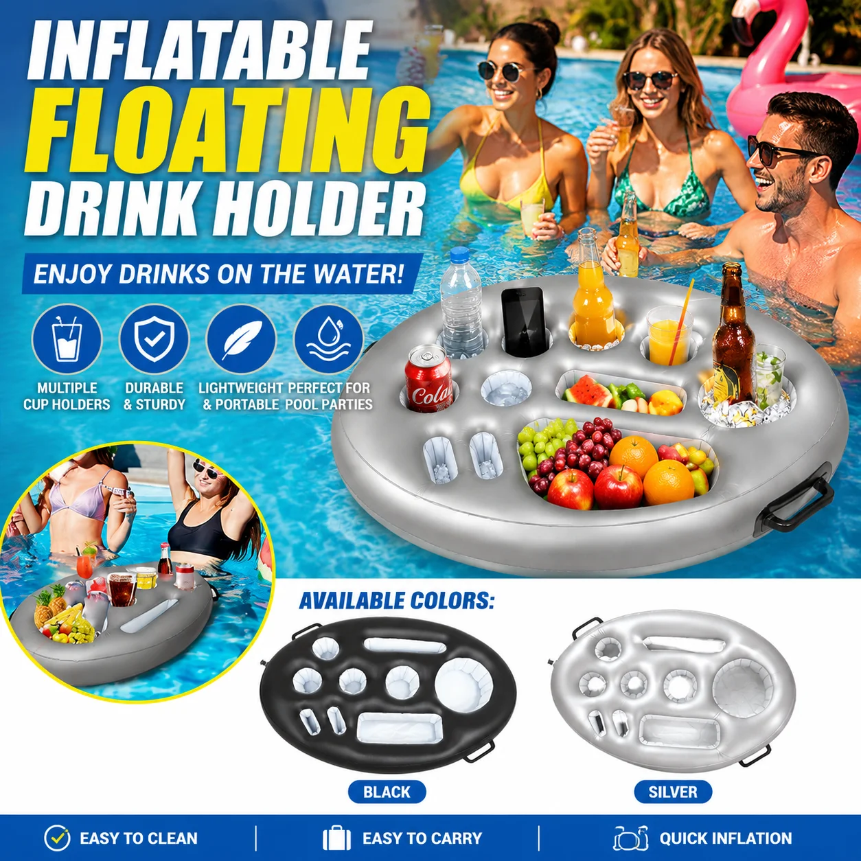 Inflatable Pool Drink Tray Multi Compartment Cup Holder Floa