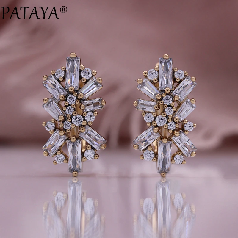 PATAYA Luxury Champagne Gold Color Flower Daily Earrings for Women Green Natural Zircon Accessories Vintage Wedding Jewelry