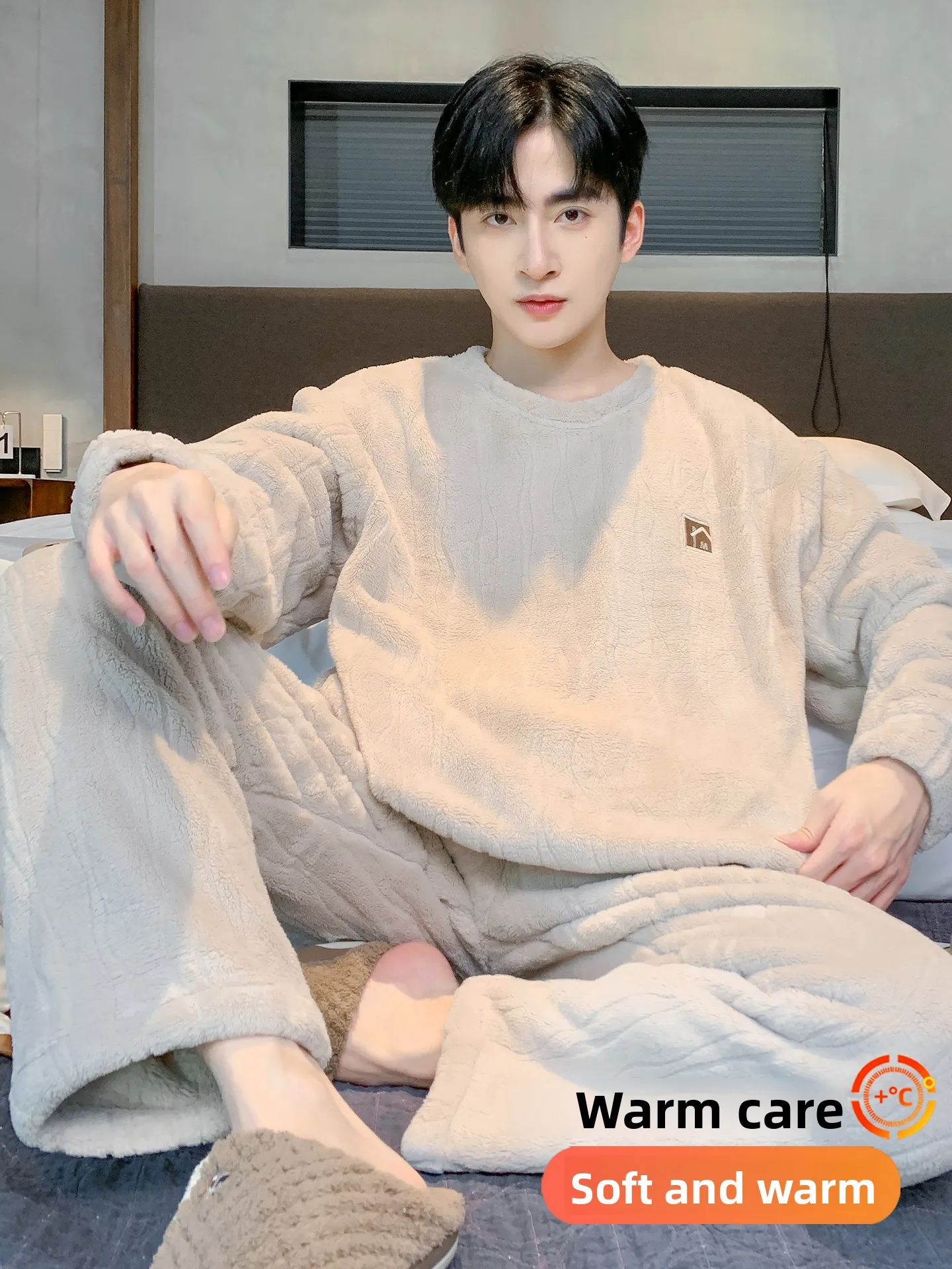 langa-メンズ-パジャマ-コーラルフリース-厚手フランネル-ホームウェアセット-ピュアカラー-レジャー-長袖パンツ-ポケット付き