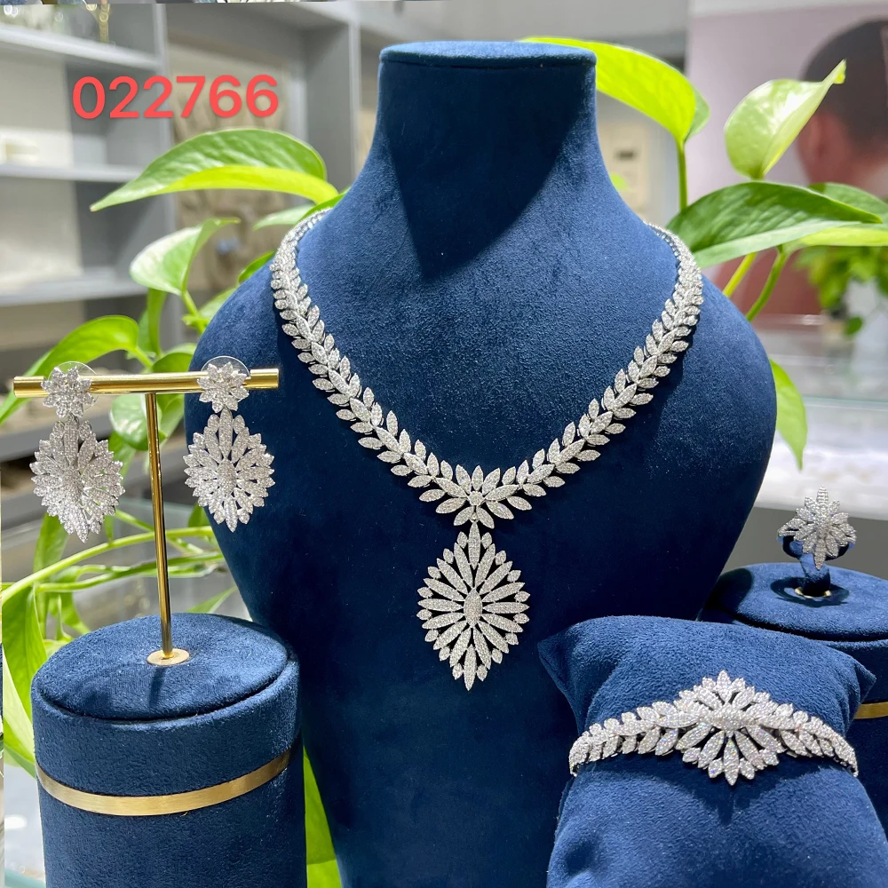 

022766 Bridal Necklace Sets for Women Cubic Zirconia 4Pcs Suit Jewellery Set Dubai Saudi Party Engagement Accessory