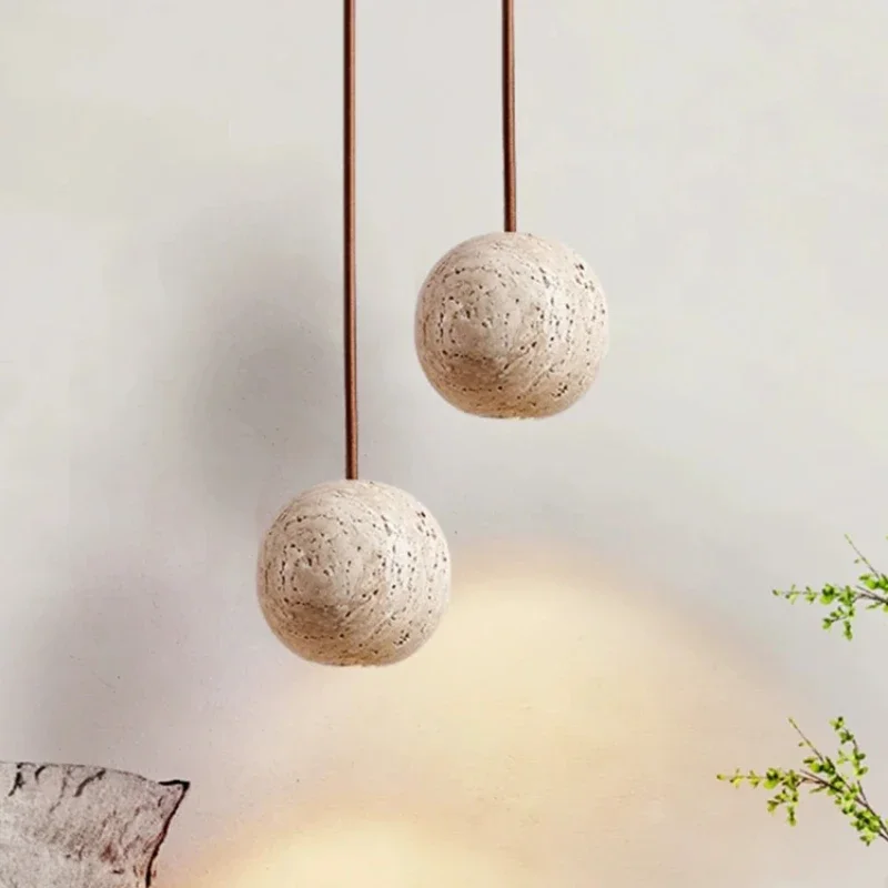 

Stone Led Pendant Lamp Yellow Travertine Chandelier For Bedroom Bedside Round Light Creative Hanging Line Lighting