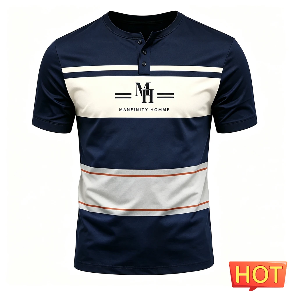 Summer Men's Henley Shirt Funny Letter Stripe Print T-shirt Business Casual Henry Collar Short Sleeve Tee Fashion Loose Men Tops